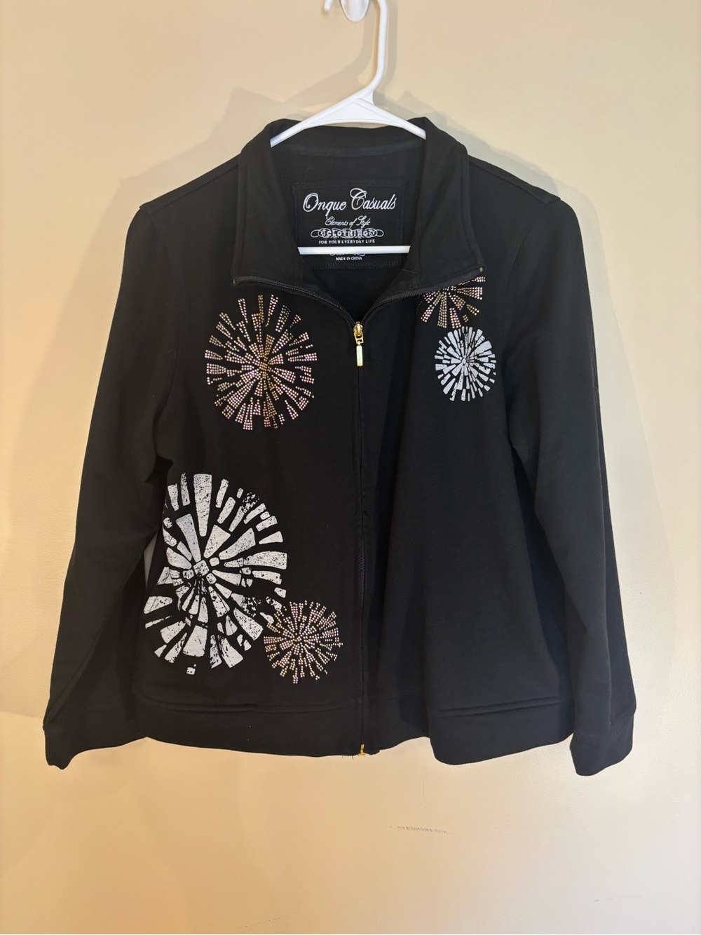 Onque Casuals Black Zip-Up Jacket with Burst Rhinestone Accents